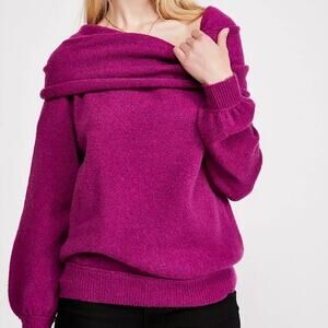Free People Echo Beach Cowl Neck Sweater Fuchsia Wool Blend Off Shoulder XS